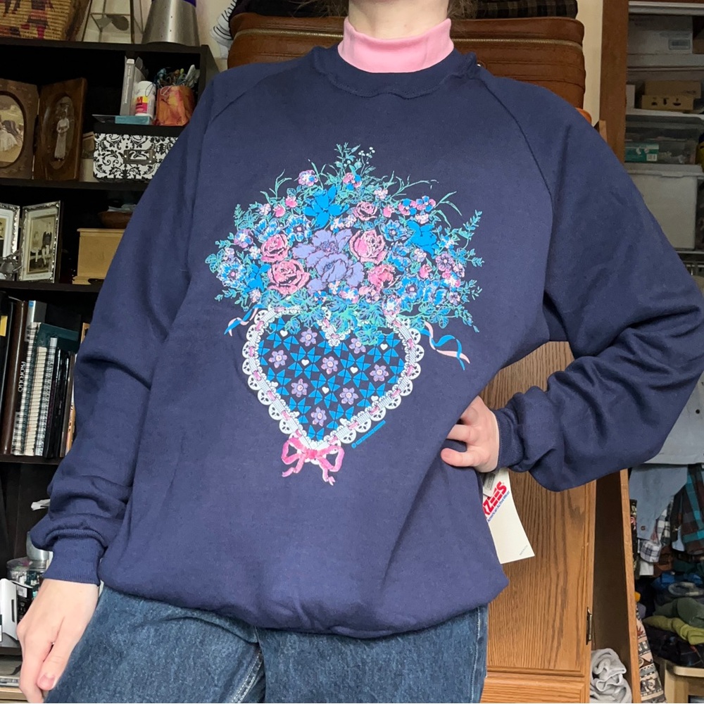 80s Jerzees Floral Grandma Sweatshirt Heart Roses Coquette NWT